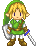 Pixel art character with green tunic, brown boots, and blue sword hilt; left side shows slightly wider stance than right.