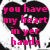 Black heart-shaped background with pink text reading "you have my heart in yer hands" and a white fist inside the heart.