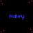 Blue text reading 'Haley' repeats across a black background with scattered pink dots, with a gray rectangle in the bottom-right corner.
