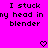 Bright pink background with black pixelated text reading "I stuck my head in blender" repeated twice, two small heart symbols at bottom center and right.