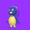 Blue cartoon penguin with yellow belly and beak stands against solid purple background, wearing small blue bow tie and blue cap with yellow accent.