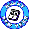 Four circular animated frames of a New Year's buddy icon showing