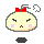Pixelated character with closed eyes, pink cheeks, red bow on head, and gray smoke-like lines above; two versions show different mouth shapes.
