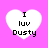 Four white heart-shaped icons with black text "I luv Dusty" on a bright pink background, arranged in a