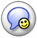 Two side-by-side animated frames of a circular AIM buddy icon featuring a blue speech bubble and yellow smiley face with changing expressions.