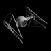 A monochrome 3D model of a TIE fighter spacecraft rotates through multiple angles against a black background, displaying its spherical cockpit and wing-mounted engines.
