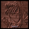 Anime-style character with spiky hair and glasses holding a card, next to text listing name Tasuki from Fushigi Yuugi type Dark Wood.