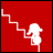 Animated sequence of a white figure ascending red stairs with zigzag pattern, showing motion from standing to crouching.