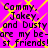 Pixelated text on a bright pink background with yellow crisscross lines, repeating names and friendship statement.