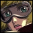 Pixelated anime-style character with blonde hair and green eyes wearing a dark mask, next to stylized text on black background.