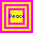 Four variations of a pixelated 'Peace' text within nested square frames, alternating between yellow and pink borders on a solid background.