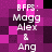 Pixelated text displays 'BFFS: Magg Alex & Ang' on a purple and black checkered background with shifting pink squares.