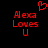 Red pixelated text 'Alexa Loves U' with a red heart symbol above the text on a black background.