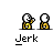 Animated contact sheet of 15 pixel art frames showing a yellow stick figure character labeled "jerk" in various poses and interactions with another identical figure against a gray background.