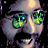 Pixelated cartoon face with green eyes and mustache next to white text on black background