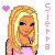 Pixelated static icon of a blonde woman with long hair, pink top, and purple heart symbol on light background.