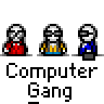 A contact sheet of 13 animated frames showing a pixel art character in red, blue, and yellow outfits with varying poses and speech bubbles containing text like "UR SO" and "HACKED!" above the repeated label "Computer Gang".