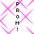 Pixelated pink geometric pattern with vertical black text 'PROM!' on white background, two identical instances side-by-side.