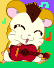 Pixelated hamster character with brown and white fur, closed eyes, pink ears, holding a red guitar-like object against green-yellow-purple background.