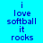 Blue background with dark blue text reading "i love softball it rocks" in a vertical stack, featuring one frame with a pink circular blur effect over the lower portion of the text.