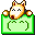 Pixelated dog head with closed eyes and open mouth on green rectangular background, two pink musical notes appear in top-right corner.