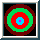 Six circular pixelated icons with concentric rings of red, green, blue, purple, and brown on black backgrounds.