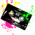 Black cassette tape with green and yellow highlights, surrounded by pink and green splatter on white background.