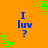 Blue text 'I luv ?' on orange background with green square patterns, static image.