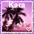 Pixelated image of palm trees against a pink-purple sky with 'Kara' text at top and heart symbol in bottom right, showing animation change between frames.
