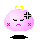 A 4-frame pixel art contact sheet of a pink blob character with yellow headpiece, showing two variations of facial marks across frames.