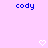 Pixelated blue text 'cody' appears multiple times on a light purple background with white heart and downward arrow symbols.