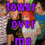 A pixelated image with purple text reading 'tower over me' overlaid on a group photo, transitioning to a lower section showing three cartoonish figures and a purple heart symbol.