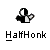 Pixelated black-and-white icon shows a figure with a split face holding a magnifying glass, below which is stylized text reading 'HalfHonk' on a gray background.