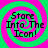 Four identical display the text "Stare Into The Icon!" over a green and pink spiral background with pixelated black lettering