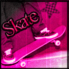 Four identical pink-tinted show a person's feet on a skateboard with the word 'Skate' overlaid in stylized text