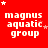 Red background with white text 'magnus aquatic group' repeated in a , surrounded by small white stars, with a gray rectangle in the bottom-right corner