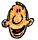 Two pixelated cartoon character frames side-by-side showing a yellow figure with black outlines and green hair in different poses against gray background.