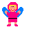Three pixelated figures with blue wing-like props, each in distinct color schemes: pink, green, and purple outfits on a gray background.