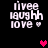 Pixelated text 'livee laughh love' with heart symbols on black background, showing animation changes in heart color and position.