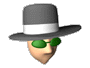 Animated avatar with gray top hat, white band, green sunglasses, and light brown face against gray background.