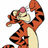 Pixelated cartoon tiger with orange and black stripes, white belly, and pink nose, raising one arm against white background.