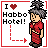 Pixel art icon showing a character in red clothing with gray hair, standing beside text reading "I ❤️ Habbo Hotel!" with a red dashed arrow pointing right.