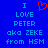 Blue background with light blue pixelated text reading 'I LOVE PETER aka ZEKE from HSM' and a red pixelated heart symbol above 'I LOVE'.
