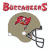 Pixelated football helmet with red logo above 'Buccaneers' text on white background, green 'Original Icons .com' text on dark green