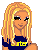 Pixel art contact sheet of six volleyball-themed buddy icons featuring a blonde character in navy uniform with yellow text, showing different poses and text layouts on blue/yellow backgrounds.