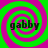 Four identical spiral patterns with alternating green and magenta rings, each containing the text 'gabby' in dark gray font.
