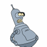 Pixelated cartoon robot with light blue body, yellow eyes, and yellow teeth, standing with arms crossed against white background.