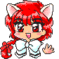 Pixel art character with red hair, cat ears, and white bow; three distinct facial expressions across frames.