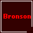 Four dark red square with white borders display "Bronson" in red pixelated text, each containing a distinct small symbol at the bottom-right corner