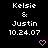 Pixelated text displays 'Kelsie & Justin 10.24.07' with pink heart symbols on a black background, arranged in a pattern